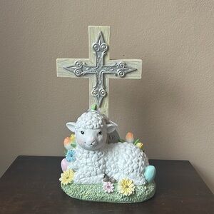 New Easter Figurine Cross Sign With Lamb And Flowers 12.5” Tall